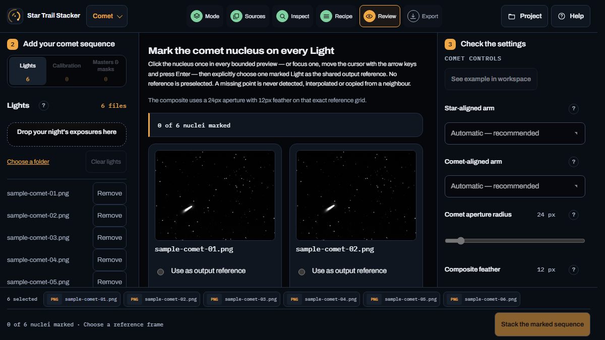 Comet marking workspace with zero of six nuclei marked and two of the six synthetic preview frames visible