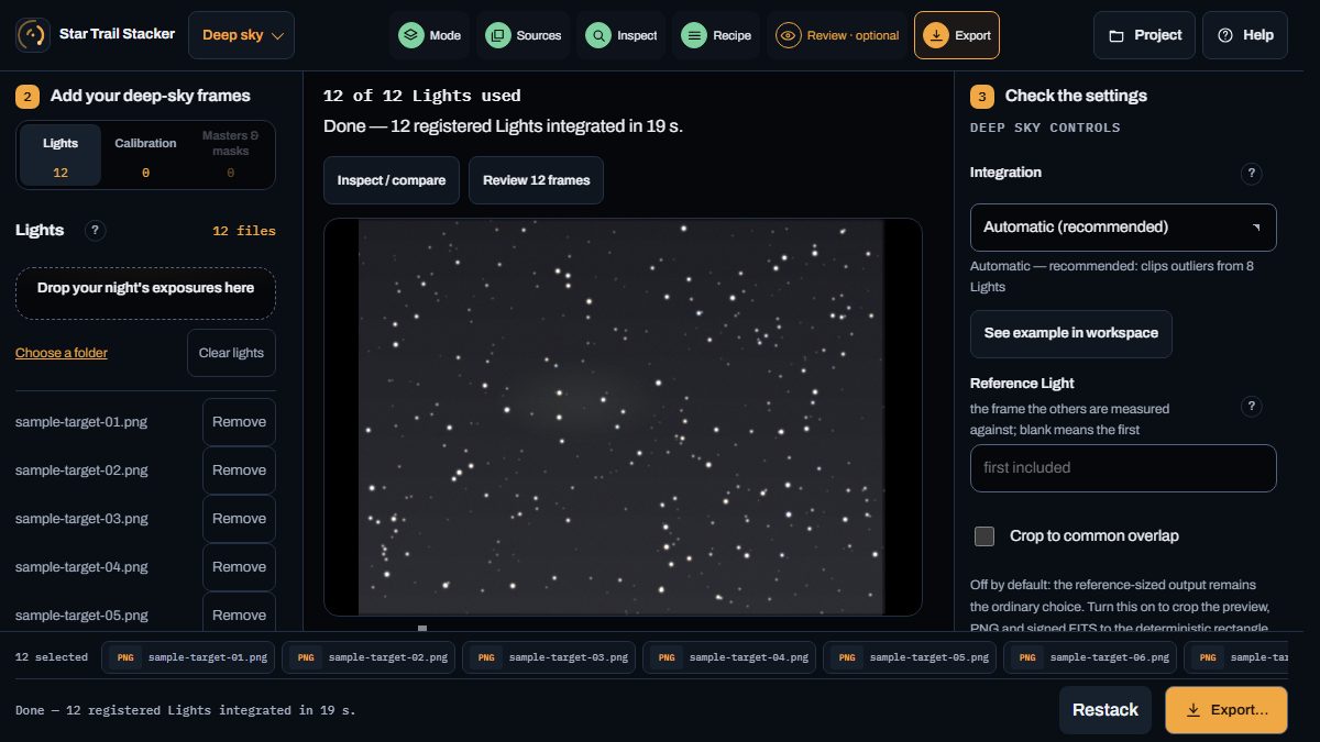 Synthetic Deep Sky run with twelve Lights integrated, the star-field result and crop controls visible