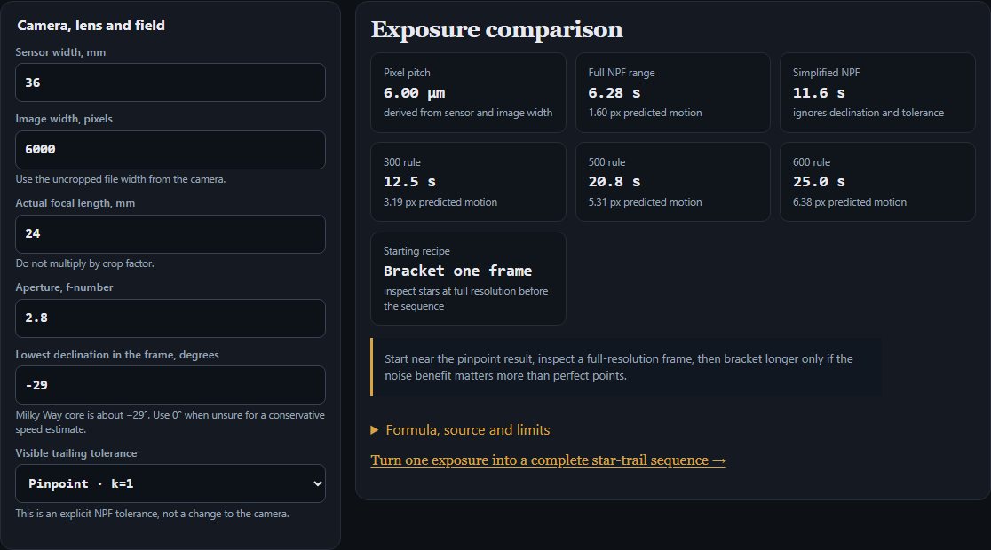 Milky Way exposure calculator comparing NPF, 300, 500 and 600 rule shutter times and the predicted star movement in pixels for a given sensor and lens