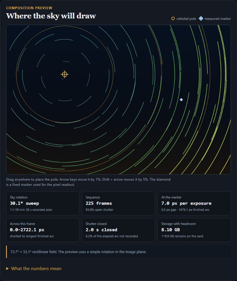 Star Trail Planner showing the celestial pole placed on a frame, with predicted trail length, frame gap, sequence count and storage