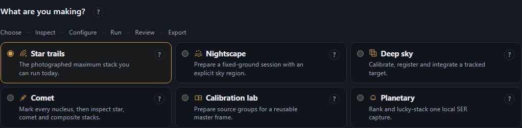 The built Star Trail Stacker mode picker showing six stable workspaces and the shared Choose, Inspect, Configure, Run, Review and Export lifecycle