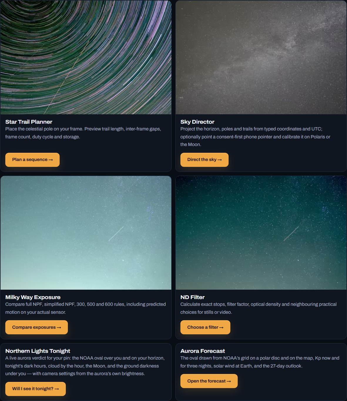 The built planning tools directory with separate cards for Star Trail Planner, Sky Director, Milky Way Exposure and ND Filter