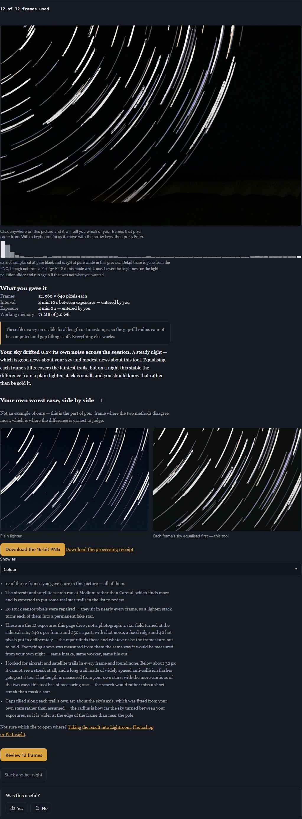 Synthetic night frames and their star-trail result.