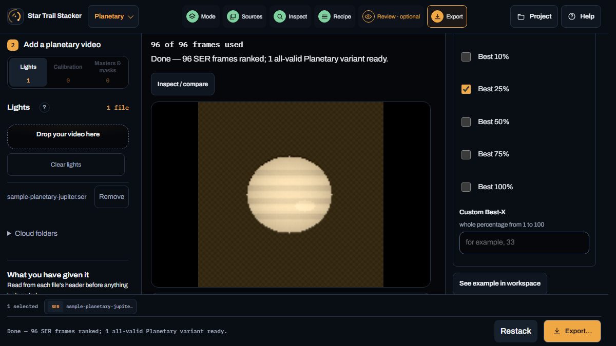Completed Planetary synthetic demonstration showing 96 SER frames used and a Jupiter-like Best 25 percent preview