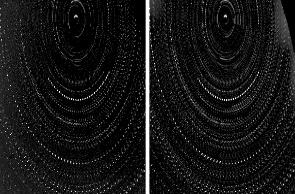Two stacks of the same 38 real frames side by side. The left, a plain lighten stack, shows a bright uneven background with only the brighter trails visible. The right, with each frame's background equalised first, shows a flat background and many more faint trails.