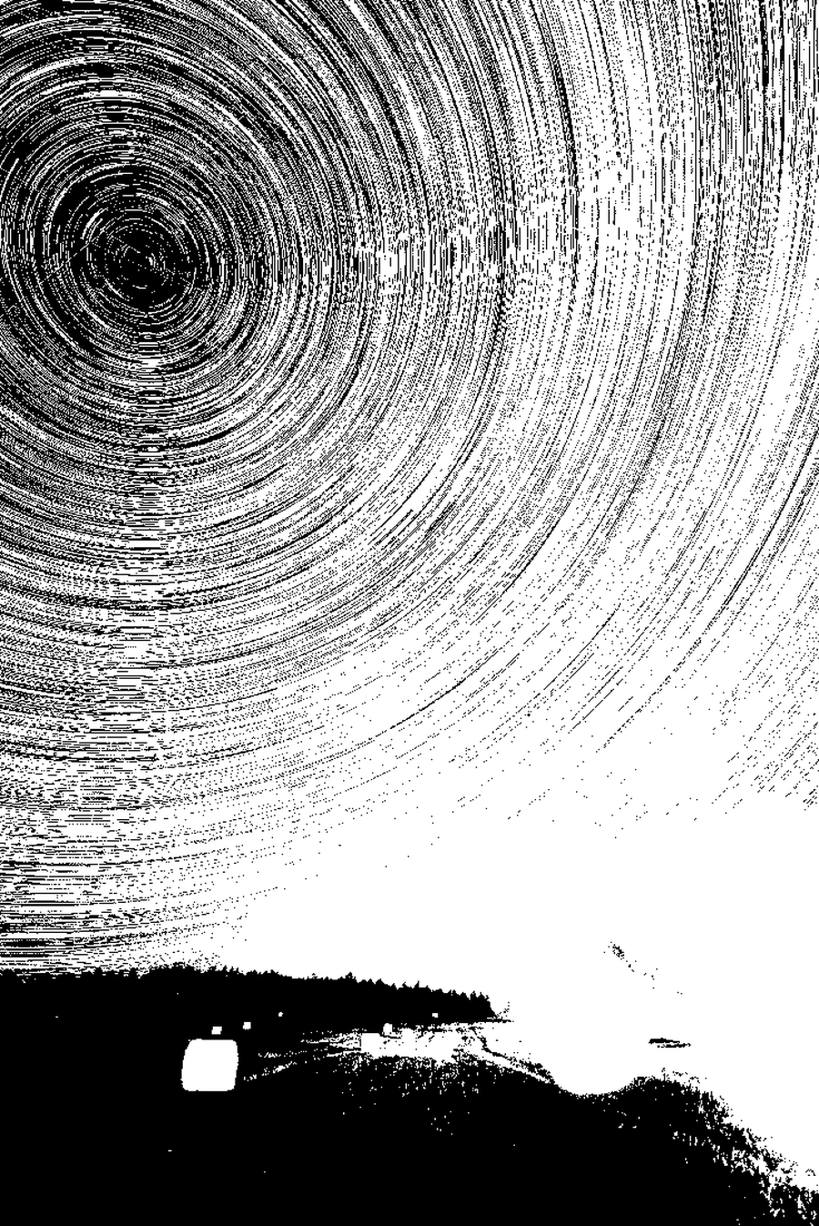 A stack of many short exposures, the stars drawn into arcs sweeping around the celestial pole