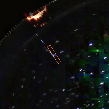 The same exposure with an orange outline drawn around the aircraft trail the detector located.