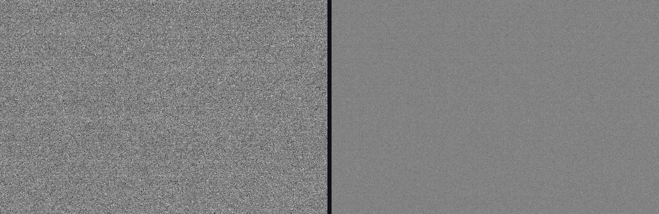 Two grey panels at 100 percent: the left is one bias frame, a fine random grain of light and dark pixels; the right is the median of twenty-five, almost smooth, with a few isolated fixed specks remaining