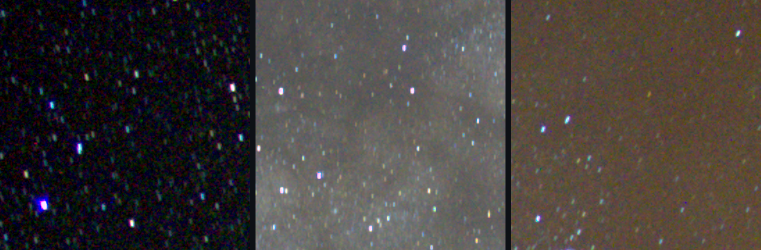 Three 100-percent crops of the same frame: the top-left corner with stars stretched into small seagull shapes pointing away from the centre; the centre with round stars; the top-right corner with stars slightly elongated against an orange glow