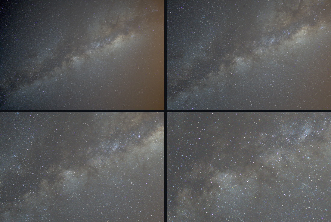Four panels of the same Milky Way frame: top left the full 24 mm frame; top right the centre as a 35 mm lens would frame it; bottom left as 50 mm; bottom right as 85 mm, where the field is narrow and every star has become a short dash