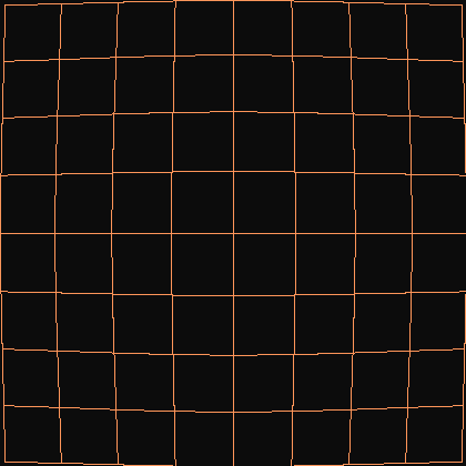 The same grid bent by a 14 mm lens: bulging outward near the middle of each edge and pinched at the corners.