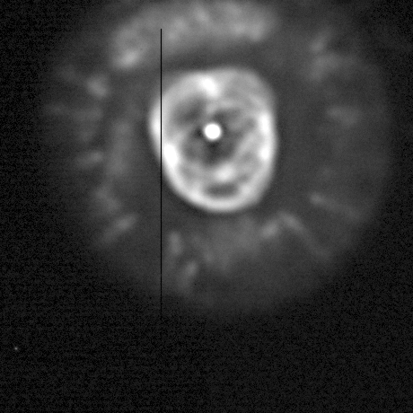 A planetary nebula with its shell structure and radial knots clearly separated.