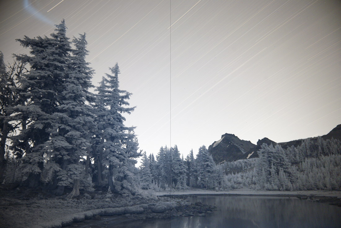 A snowy landscape with a tree, split down the middle: the left half has had a dark frame subtracted and is clean; the right half is straight from the sensor and speckled with hot pixels